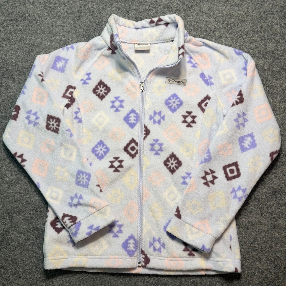 COLUMBIA Girls Fleece Jacket Large 14/16‎ Pastel Geometric Full Zip